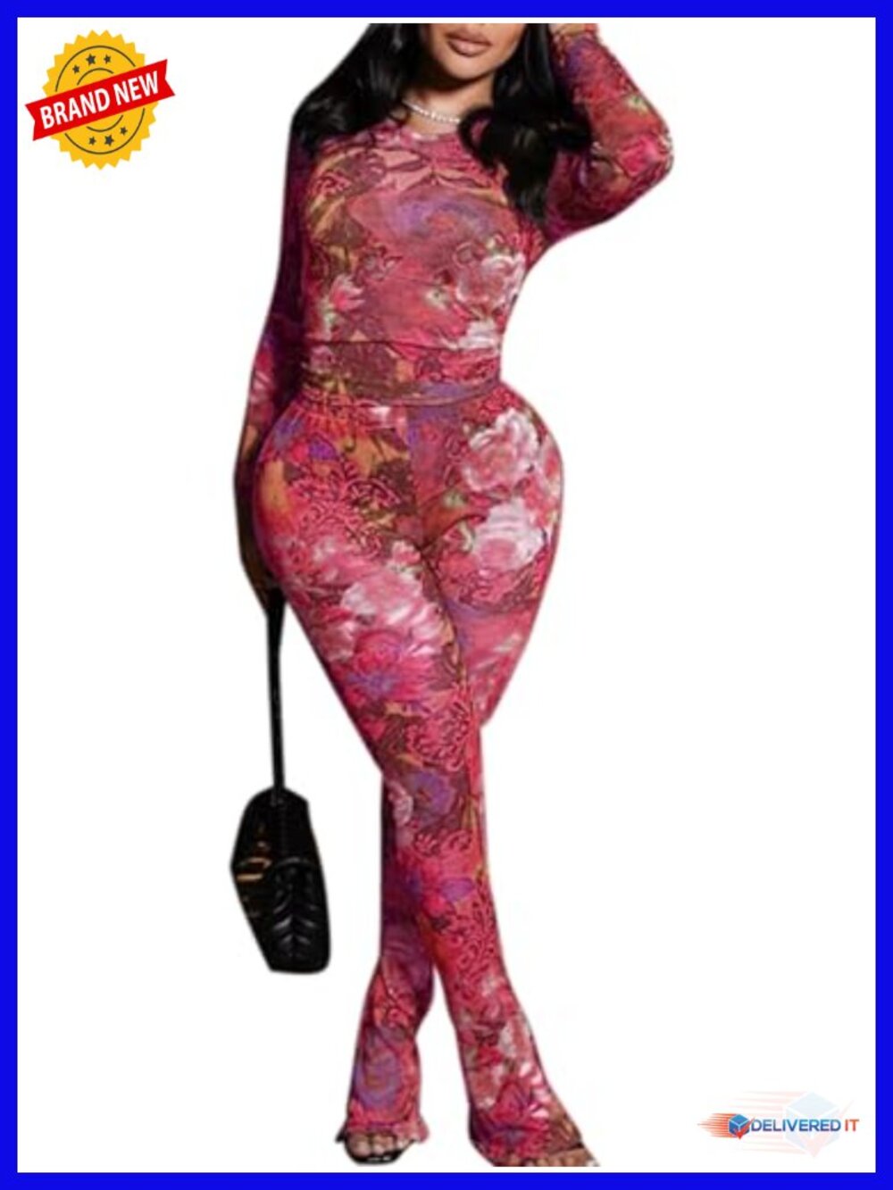 Women's Floral Print Mesh See Through Crop Top and Pants Set